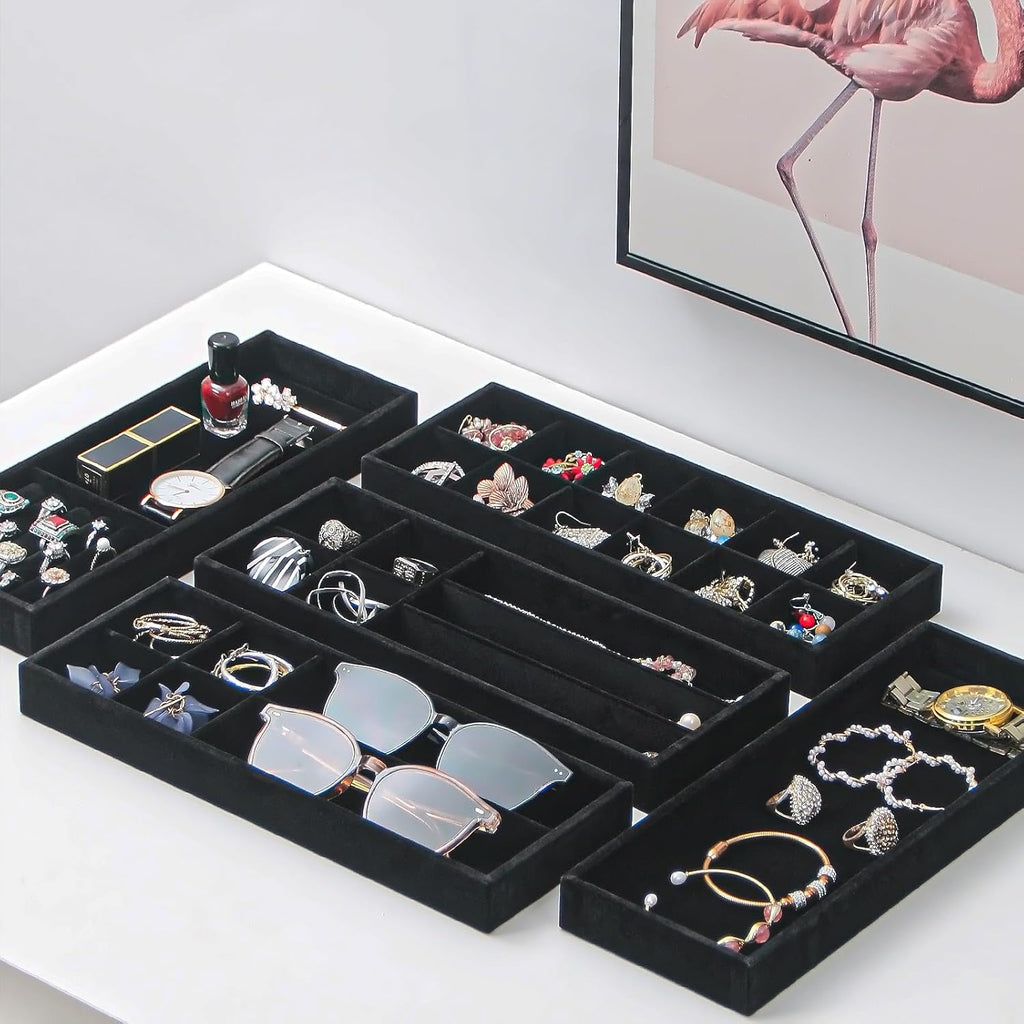 2Pcs Desk Drawer Storage Tray, Nightstand Organizer Tray, Necklace Bracelet Ring Earring Jewelry Display Tray, Grid Table Organizer Holder Tray for Sunglass, Phone, Watch, Perfume (7 grid)/Black