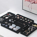 2Pcs Desk Drawer Storage Tray, Nightstand Organizer Tray, Necklace Bracelet Ring Earring Jewelry Display Tray, Grid Table Organizer Holder Tray for Sunglass, Phone, Watch, Perfume (7 grid)/Black