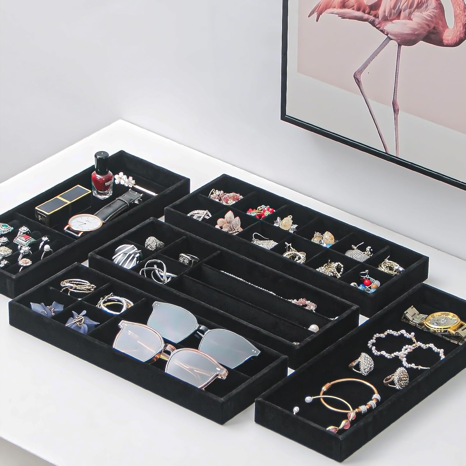 2Pcs Desk Drawer Storage Tray, Nightstand Organizer Tray, Necklace Bracelet Ring Earring Jewelry Display Tray, Grid Table Organizer Holder Tray for Sunglass, Phone, Watch, Perfume (7 grid)/Black