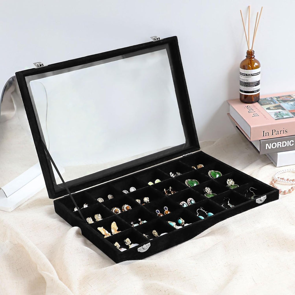 Wudygirl Jewelry Organizer 24 Grid Jewelry Tray with Clear Lid Velvet Jewelry Box Earrings Holder Organizer Jewelry Display Case (Black 24 Grid)