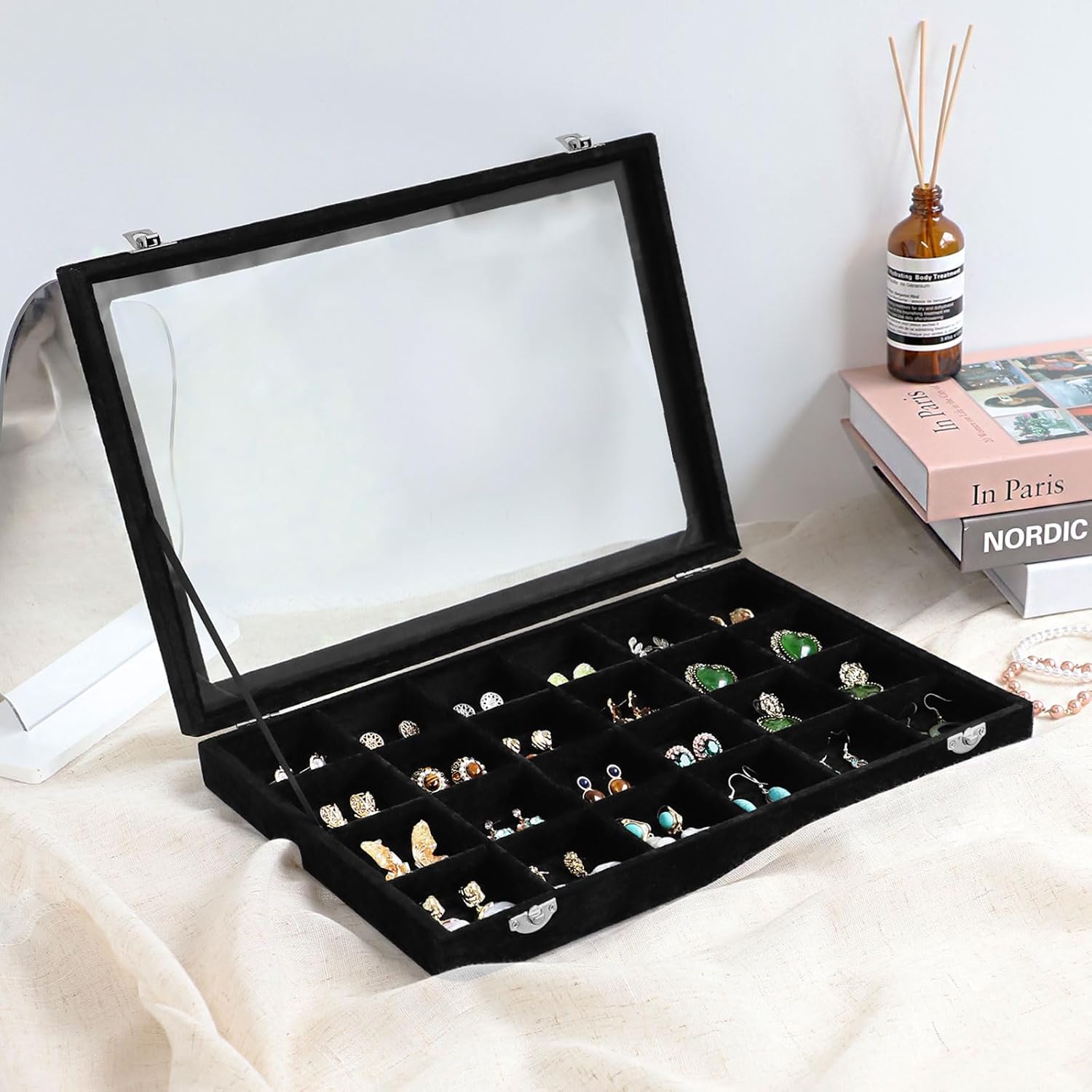 Wudygirl Jewelry Organizer 24 Grid Jewelry Tray with Clear Lid Velvet Jewelry Box Earrings Holder Organizer Jewelry Display Case (Black 24 Grid)