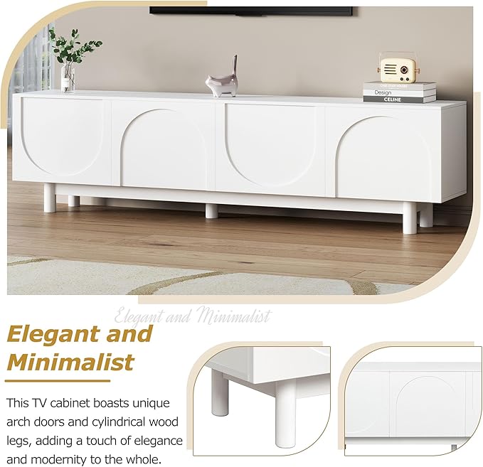 Merax 78" Modern TV Stand with Arch Cabinets, Solid Wood Legs & Adjustable Shelves | Entertainment Center with Cable Management for Living Room, White