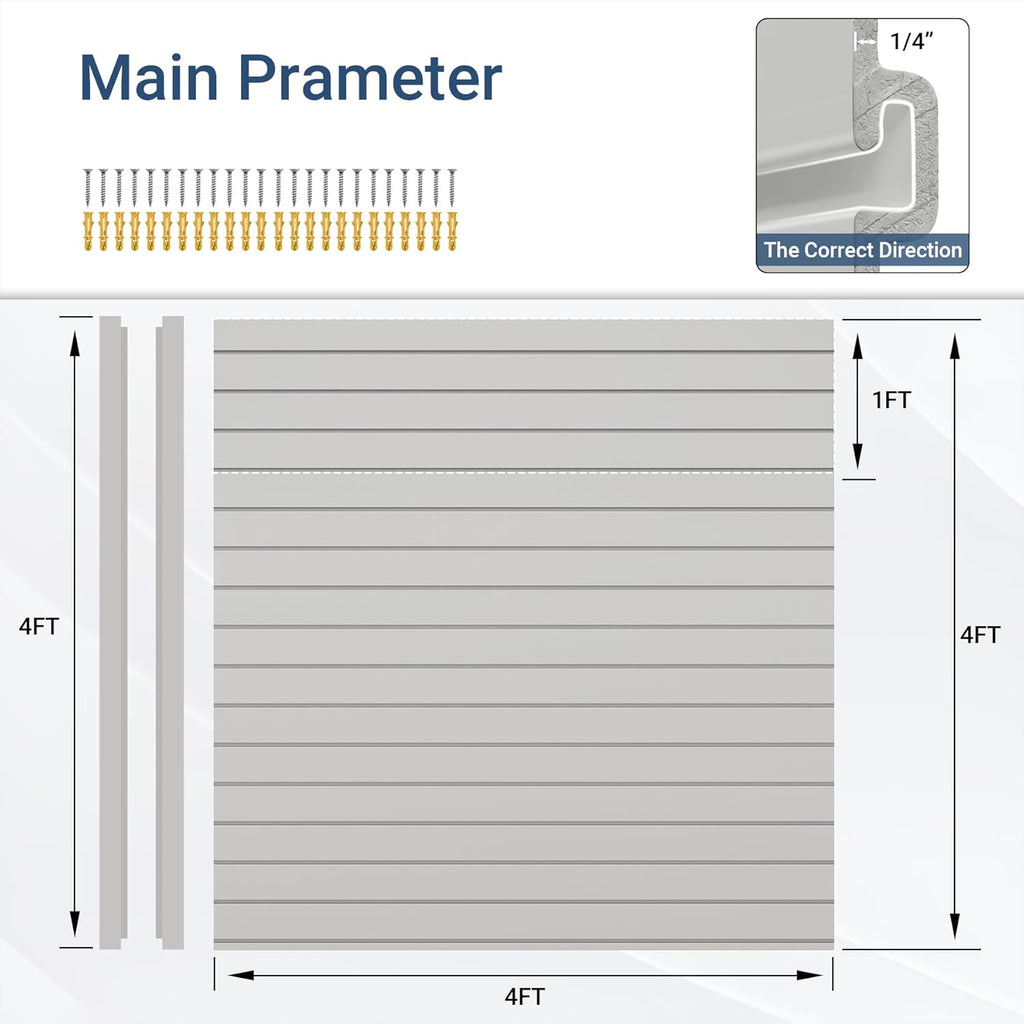 Slatwall Panel 4 FT x 4 FT, Interlocking Slat Wall Paneling, Wall Mounted PVC Wallpanel, Suitable for Garage Storage and Organizer, Slatwall Board, Shelves - Grey
