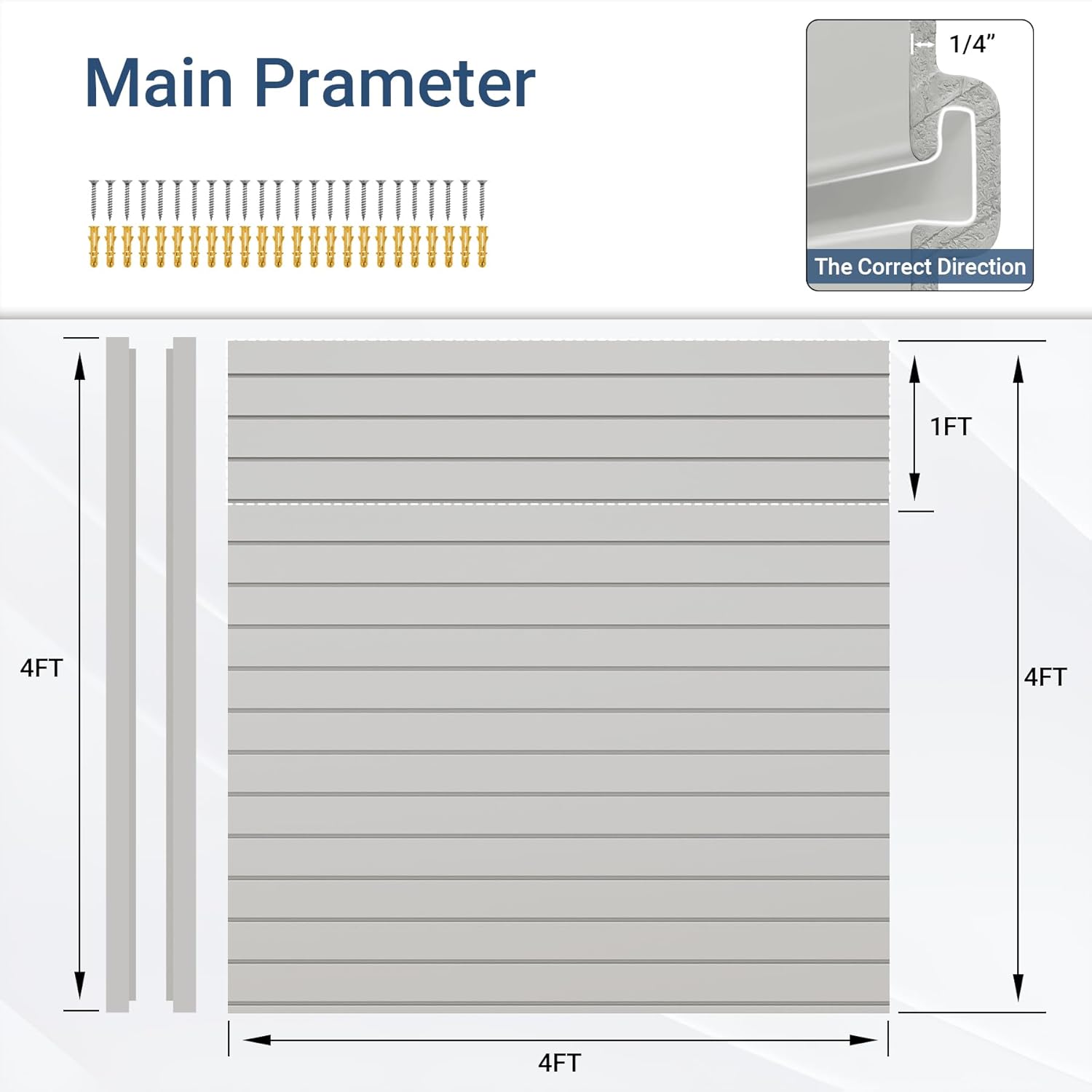 Slatwall Panel 4 FT x 4 FT, Interlocking Slat Wall Paneling, Wall Mounted PVC Wallpanel, Suitable for Garage Storage and Organizer, Slatwall Board, Shelves - Grey