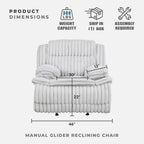 Lexicon Manual Glider Recliner Chair, Corduroy Manual Tab Pull Reclining Chair with Pillow Top Arms, Plush Cushions, Cozy Theater-Style Accent for Living Room/Bedroom, Easy Assembly, Gray