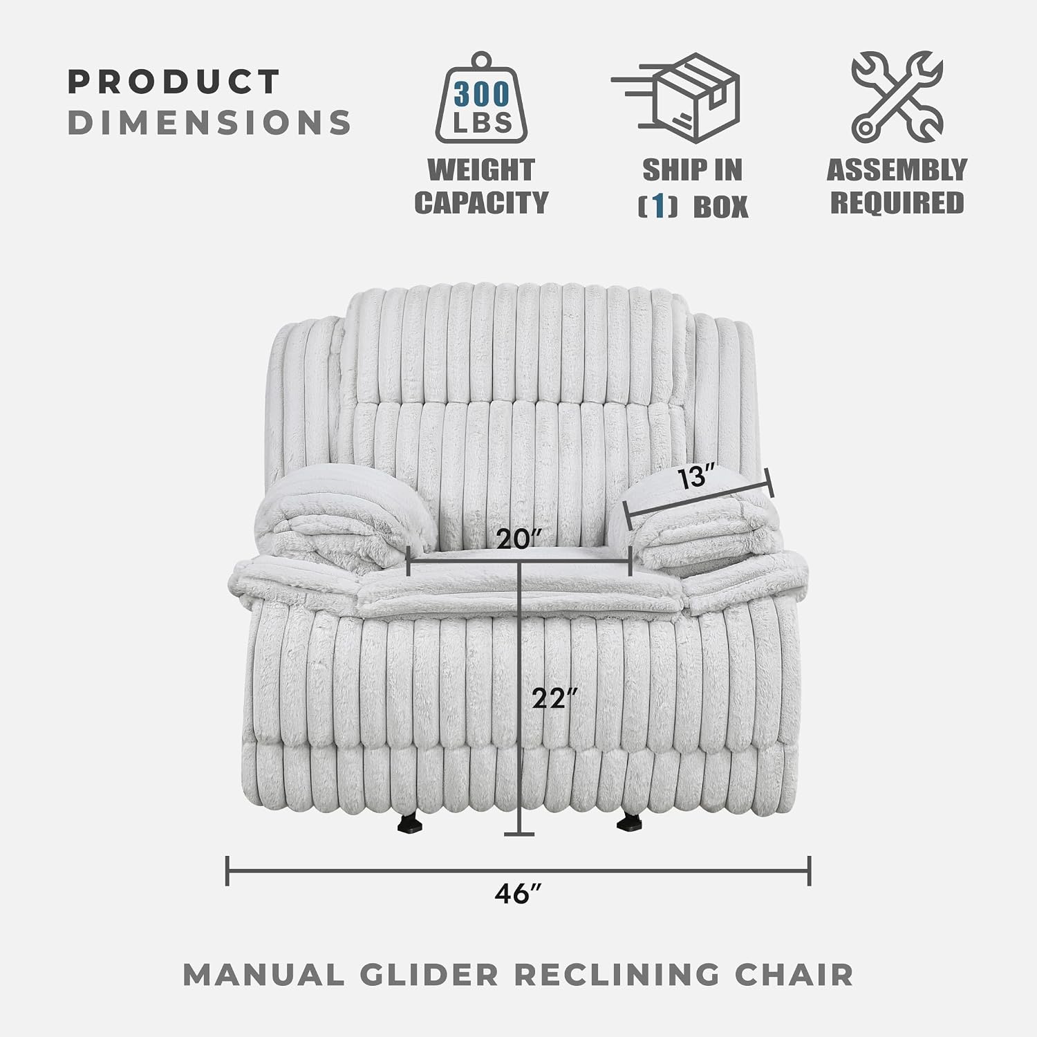 Lexicon Manual Glider Recliner Chair, Corduroy Manual Tab Pull Reclining Chair with Pillow Top Arms, Plush Cushions, Cozy Theater-Style Accent for Living Room/Bedroom, Easy Assembly, Gray