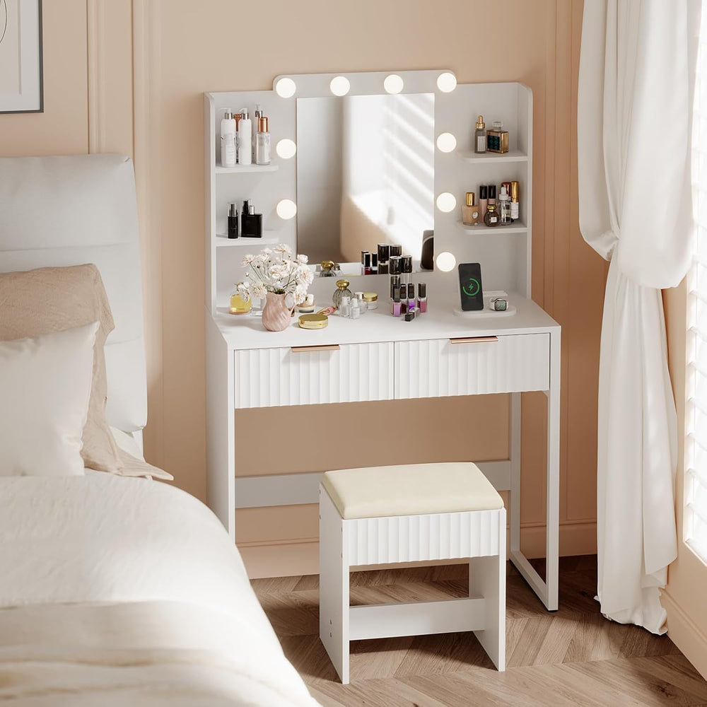 VINGLI Fluted Makeup Vanity Desk with Mirror and Lights and Stools, Small Van...