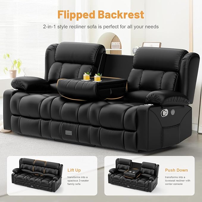 Recliner Sofa Set, Flip Middle Backrest Design PU Leather 3 Seater Reclining ...