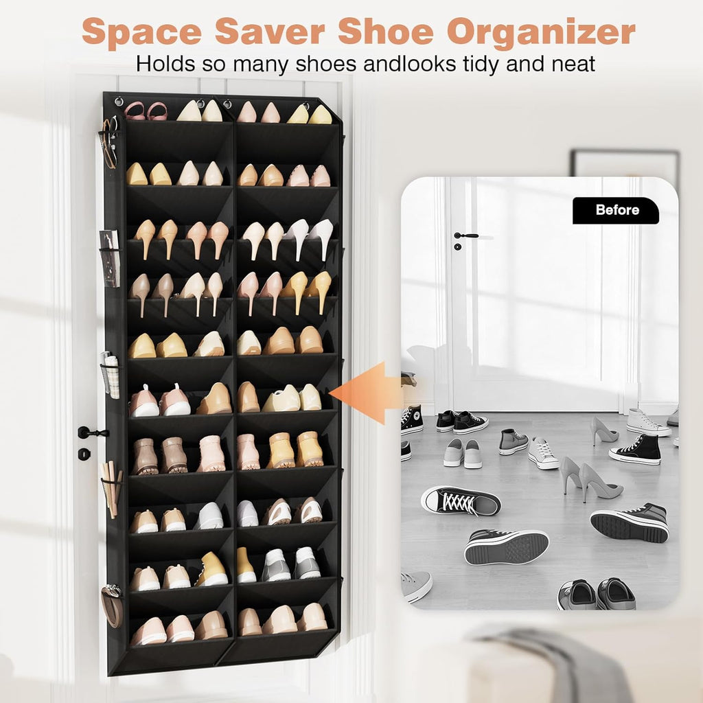 LANTEFUL Over the Door Shoe Organizer, Hanging Shoe Rack for Closet Door Shoe Storage for 30 Pairs Sneaker and Boots, Large Shoe Holder for Door with 10 Side Pockets, Space Saving, Black