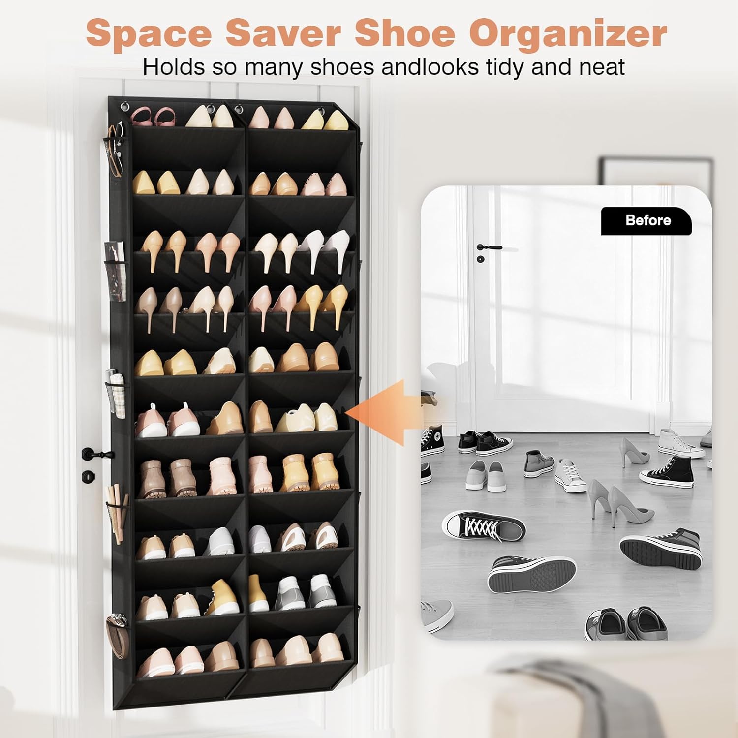 LANTEFUL Over the Door Shoe Organizer, Hanging Shoe Rack for Closet Door Shoe Storage for 30 Pairs Sneaker and Boots, Large Shoe Holder for Door with 10 Side Pockets, Space Saving, Black