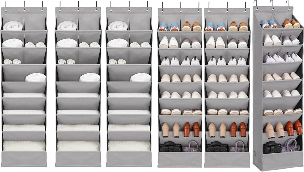 6 Pack Shoe Organizer with 6 Extra Large Pockets and 4 Large Pocket, Over the Door Sturdy Closet Storage Rack, Hanging Shoe Organizer for Shoes, Sneakers, Grey