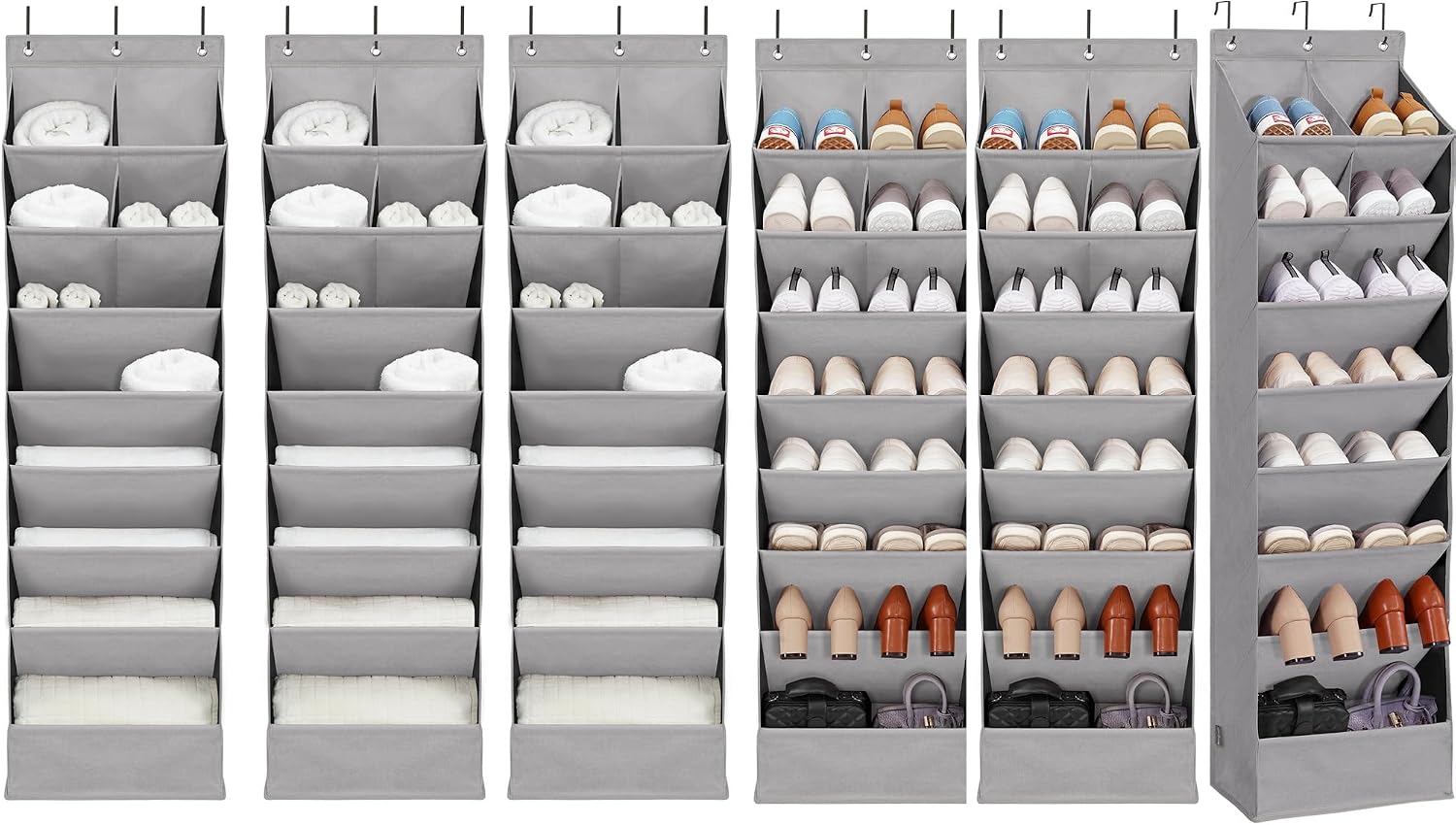6 Pack Shoe Organizer with 6 Extra Large Pockets and 4 Large Pocket, Over the Door Sturdy Closet Storage Rack, Hanging Shoe Organizer for Shoes, Sneakers, Grey