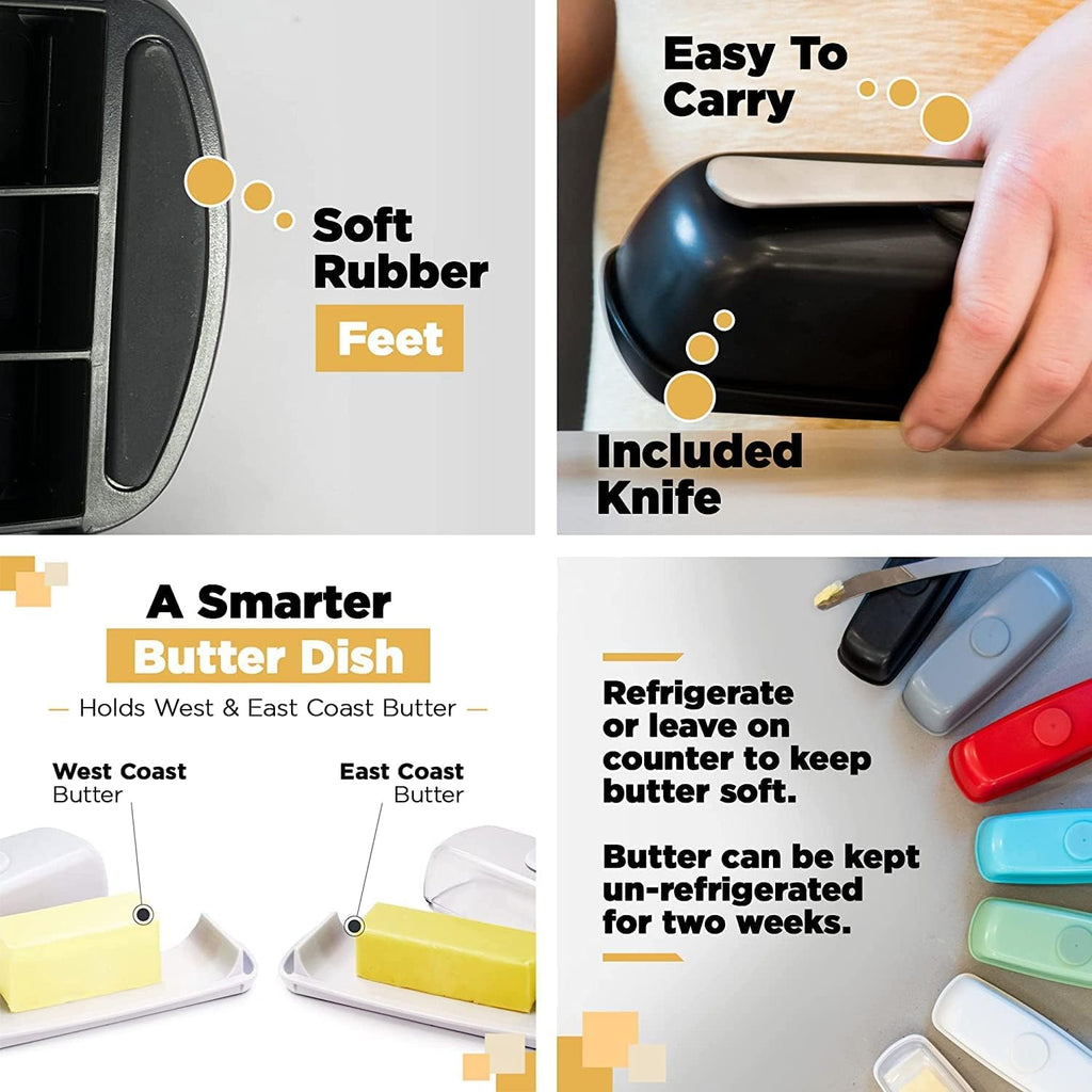 Butter Hub Extra Large Butter Dish with Lid and Knife, European Size Magnetic Butter Keeper, Easy Scoop, No Mess Lid, Plastic, Dishwasher Safe (Black)