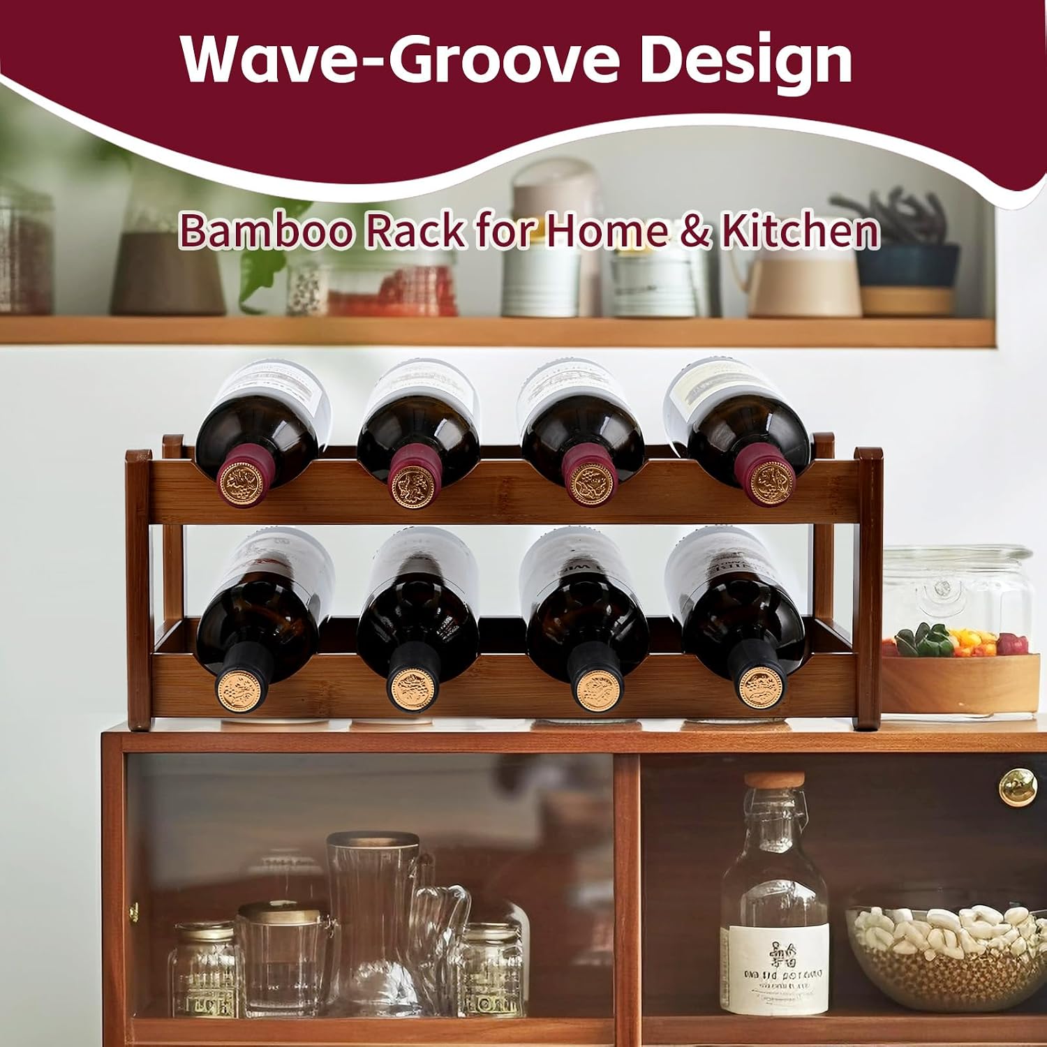 Bamboo Wine Rack, Walnut Finish 2-Tier Freestanding Storage Shelf, Holds 8 Bottles, Space Saving Countertop Cabinet Organizer for Basement, Kitchen, Pantry, Dining Room, Bar