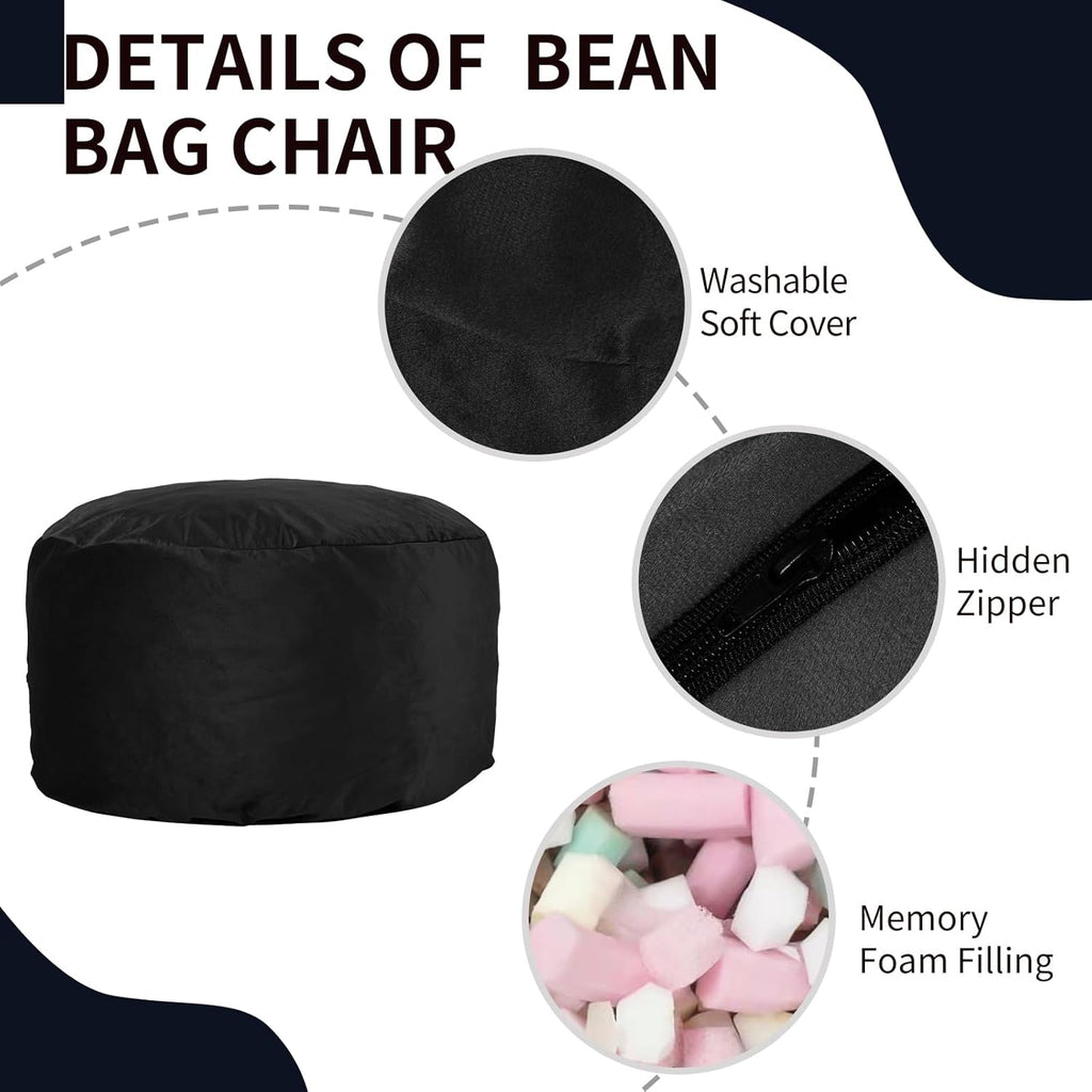 3 Feet Bean Bag Chair, Memory Foam Filled, Removable Cover, Bean Bag Chairs for Adults and Teens, Round Sofa Chair for Living Room, Bedroom and Gaming Room, Black