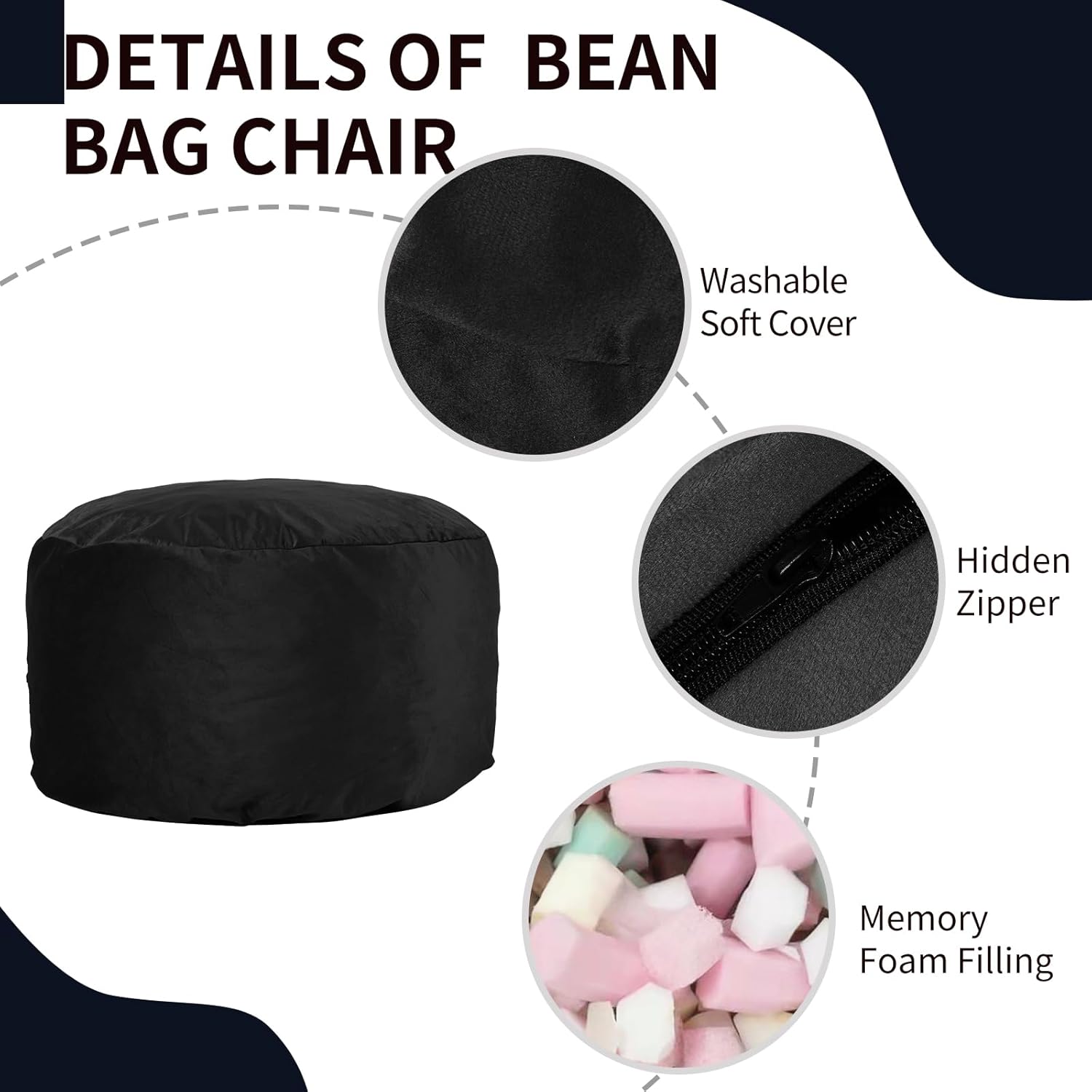 3 Feet Bean Bag Chair, Memory Foam Filled, Removable Cover, Bean Bag Chairs for Adults and Teens, Round Sofa Chair for Living Room, Bedroom and Gaming Room, Black