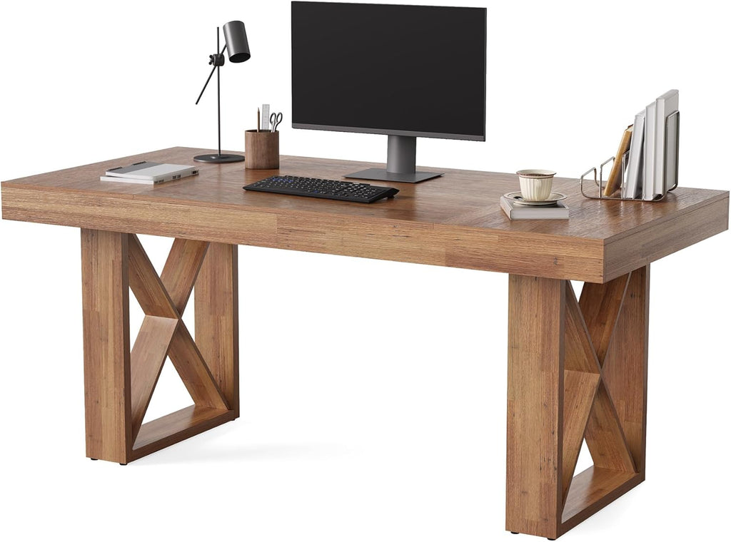 LITTLE TREE 63-Inch Computer Desk, Simple Thick Appearance, Study Gaming Writing Workstation Executive Office Desk for Home, Study Room, Office, Rustic Brown