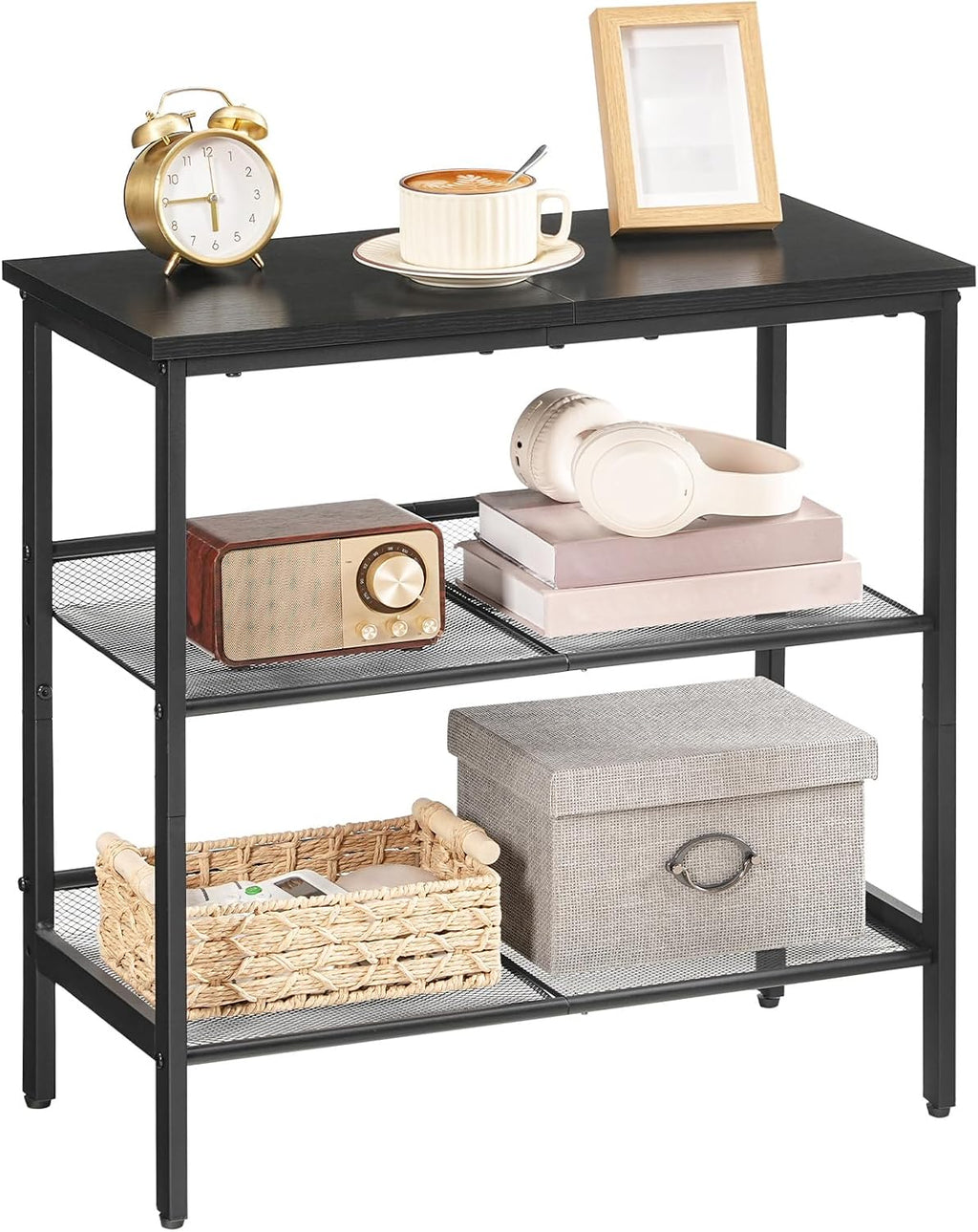HOOBRO Black Side Table, 3-Tier Metal Side Table, Small Black Table with 2 Flat or Slant Adjustable Shelves for Small Spaces, Hallway, Living Room, Bedroom, Sturdy, Easy Assembly, Black BB23BZ01G1