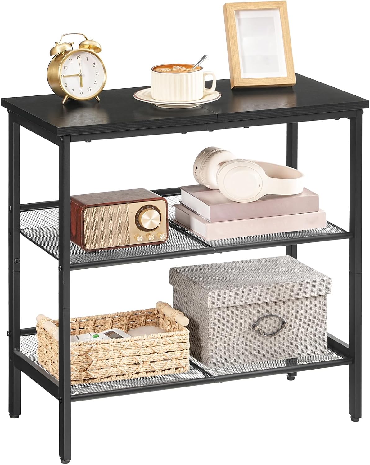 HOOBRO Black Side Table, 3-Tier Metal Side Table, Small Black Table with 2 Flat or Slant Adjustable Shelves for Small Spaces, Hallway, Living Room, Bedroom, Sturdy, Easy Assembly, Black BB23BZ01G1