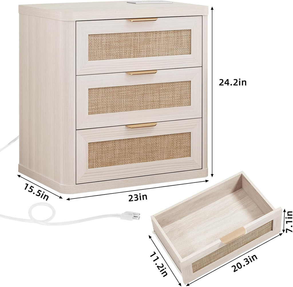 LEYAOYAO Rattan Night Stand Set of 2 with Charger Station, 23" Large 3 Drawer Boho Nightstand, Grey White Bedside Table Storage Cabinet, Bed Side End Tables for Bedroom, Living Room, Hallway