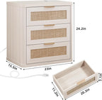 LEYAOYAO Rattan Night Stand Set of 2 with Charger Station, 23" Large 3 Drawer Boho Nightstand, Grey White Bedside Table Storage Cabinet, Bed Side End Tables for Bedroom, Living Room, Hallway