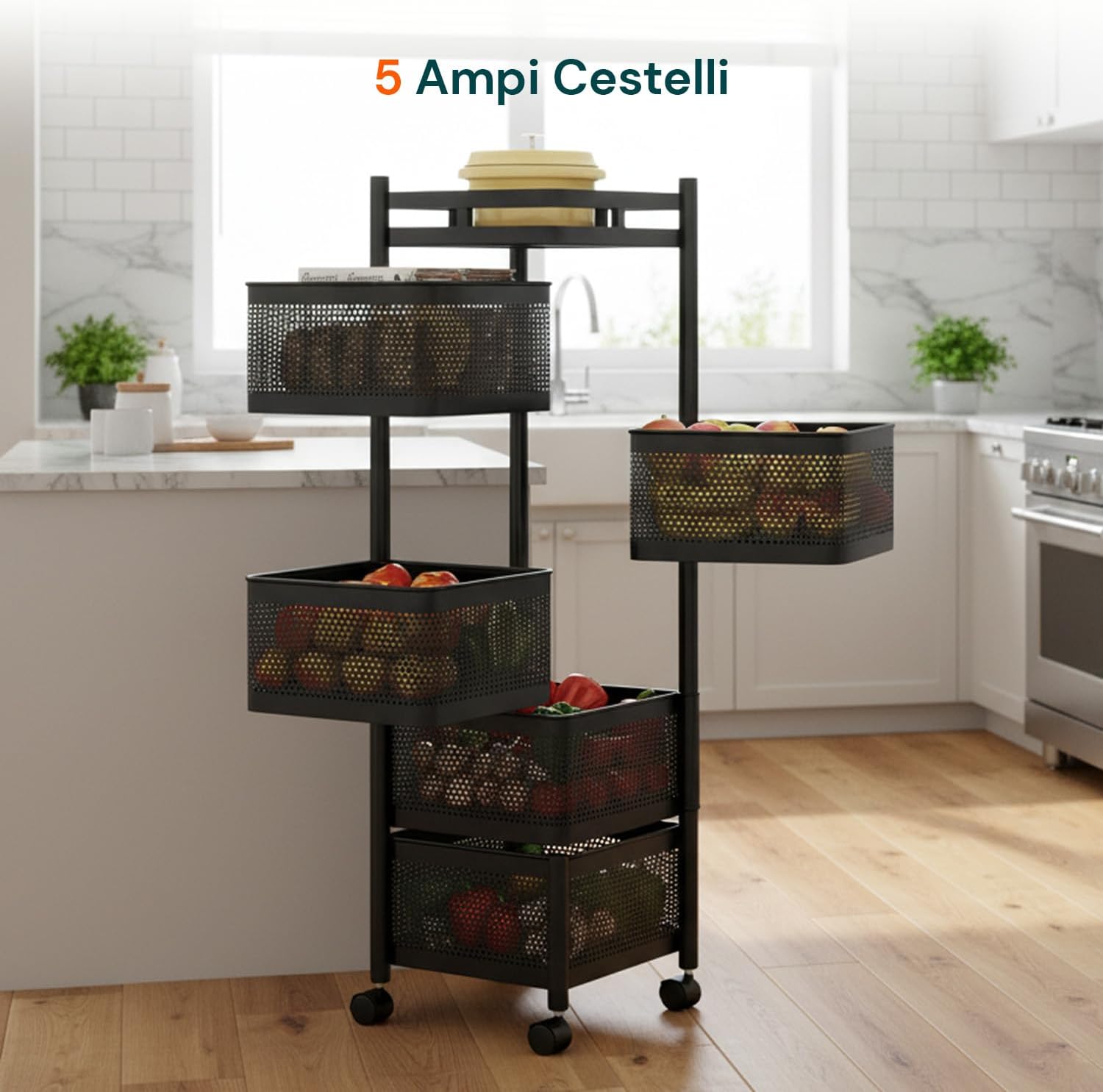 Avilia - Multipurpose Folding Trolley with Wheels with Large Baskets and Space-Saving Structure for Kitchen, Bathroom and Office, Folding Design with Brake Wheels (Black Square, 5 Baskets)