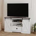 Corner TV Stand for 65 inch TV, 58" Hexagon Entertainment Center with Sliding Barn Doors and Adjustable Shelves, Farmhouse Media Console with Drawer & Cable Management for Living Room, White
