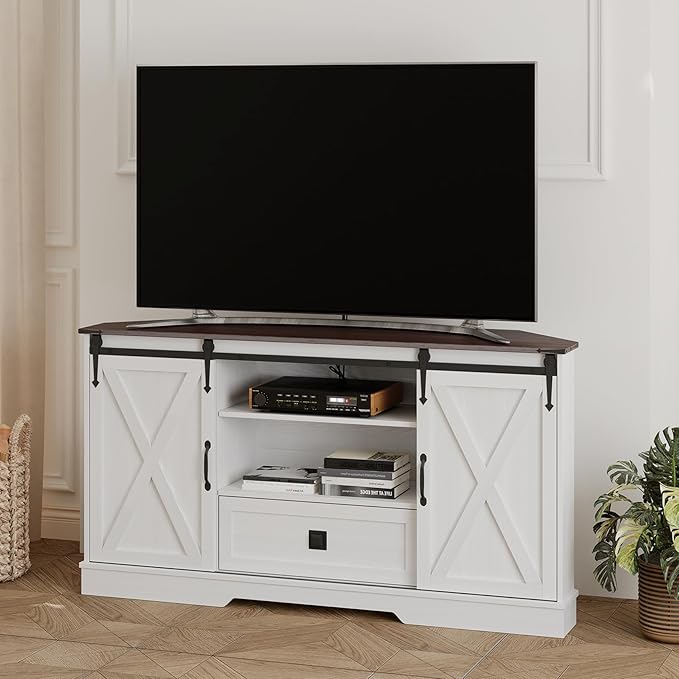 Corner TV Stand for 65 inch TV, 58" Hexagon Entertainment Center with Sliding Barn Doors and Adjustable Shelves, Farmhouse Media Console with Drawer & Cable Management for Living Room, White