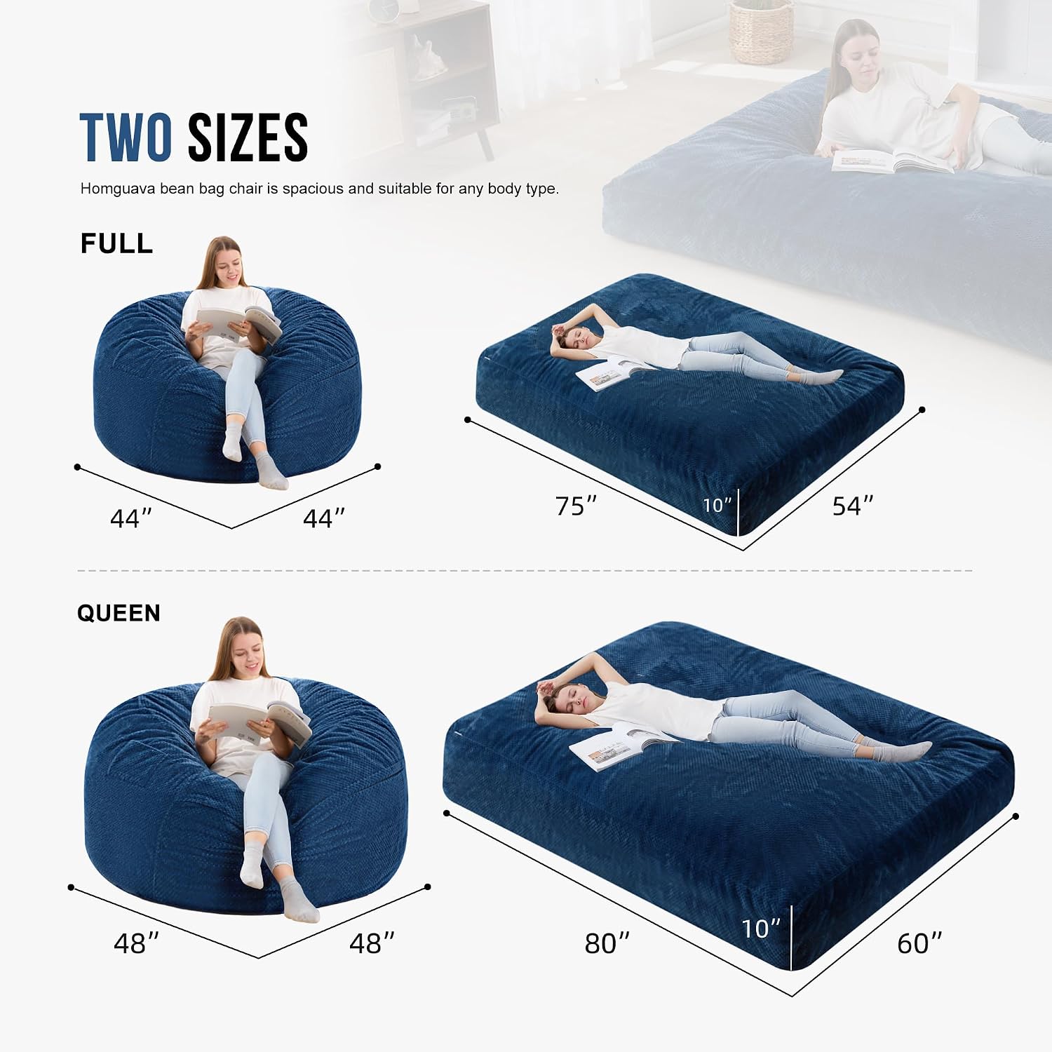Homguava Chenille Bean Bag Bed, Convertible Bean Bag Chairs from Lazy Sofa Chair to Floor Mattress Bed, 3 in 1 Giant Bean Bag Chair for Adults with Filler for Living Room Machine Washable(Queen,Blue)