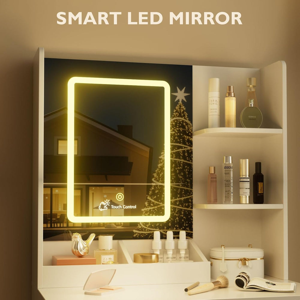 Korfile 24" White Small Vanity Desk with Lighted Mirror & Power Outl...