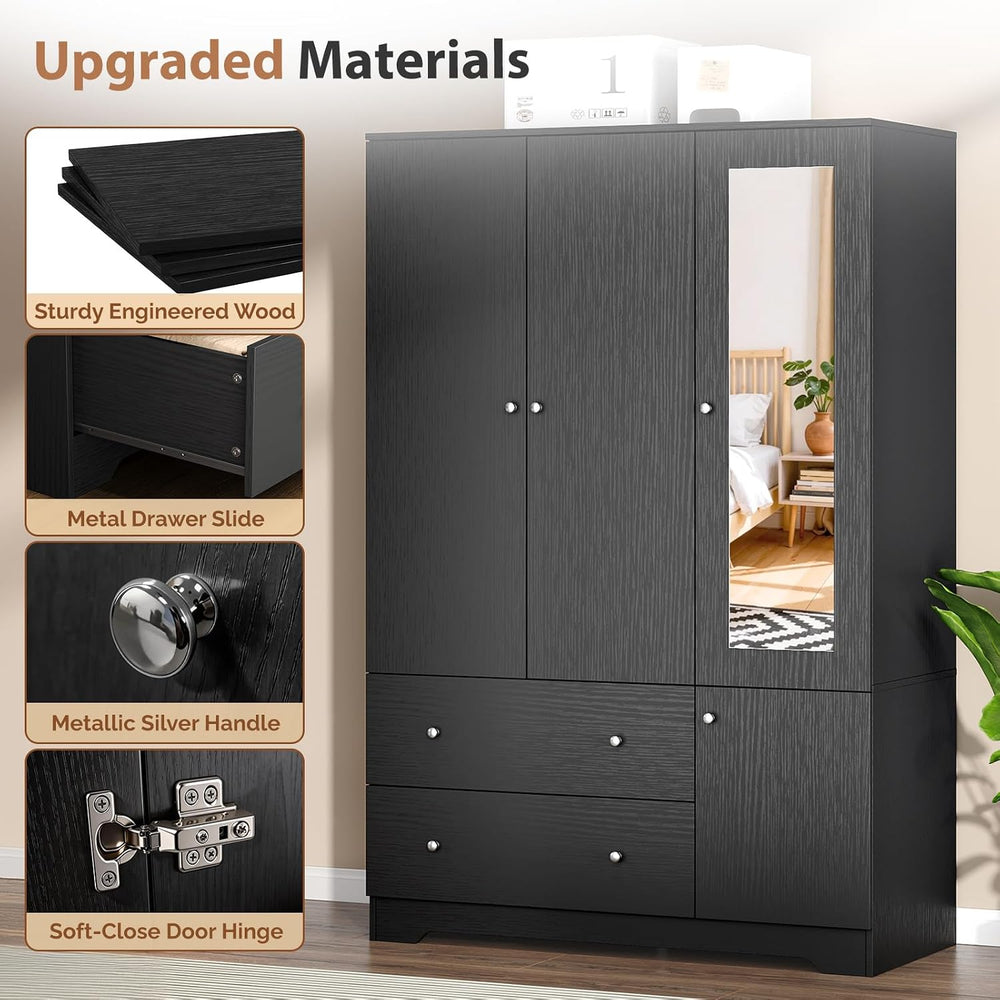 VINGLI Armoire Wardrobe Closet with Doors and Mirror,47" W Wardrobe Cabi...