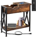 TooCust End Tables Living Room with Charging Station, 11.2" D x 24" W x 24" H, Flip Top Side Table with USB Ports and Outlets, Couch End Tables, Narrow End Table with 5.5" Deep Drawer