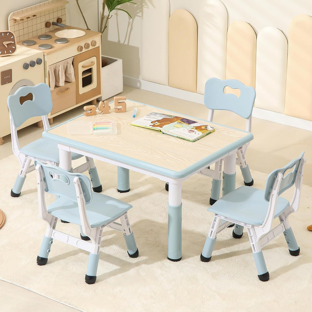 Hulaibit Toddler Table and Chairs, Kids Table and 4 Chairs Set with Graffiti Desktop, Height-Adjustable Kids Study Table for Boys and Girls Aged 3-8, Max 300lbs