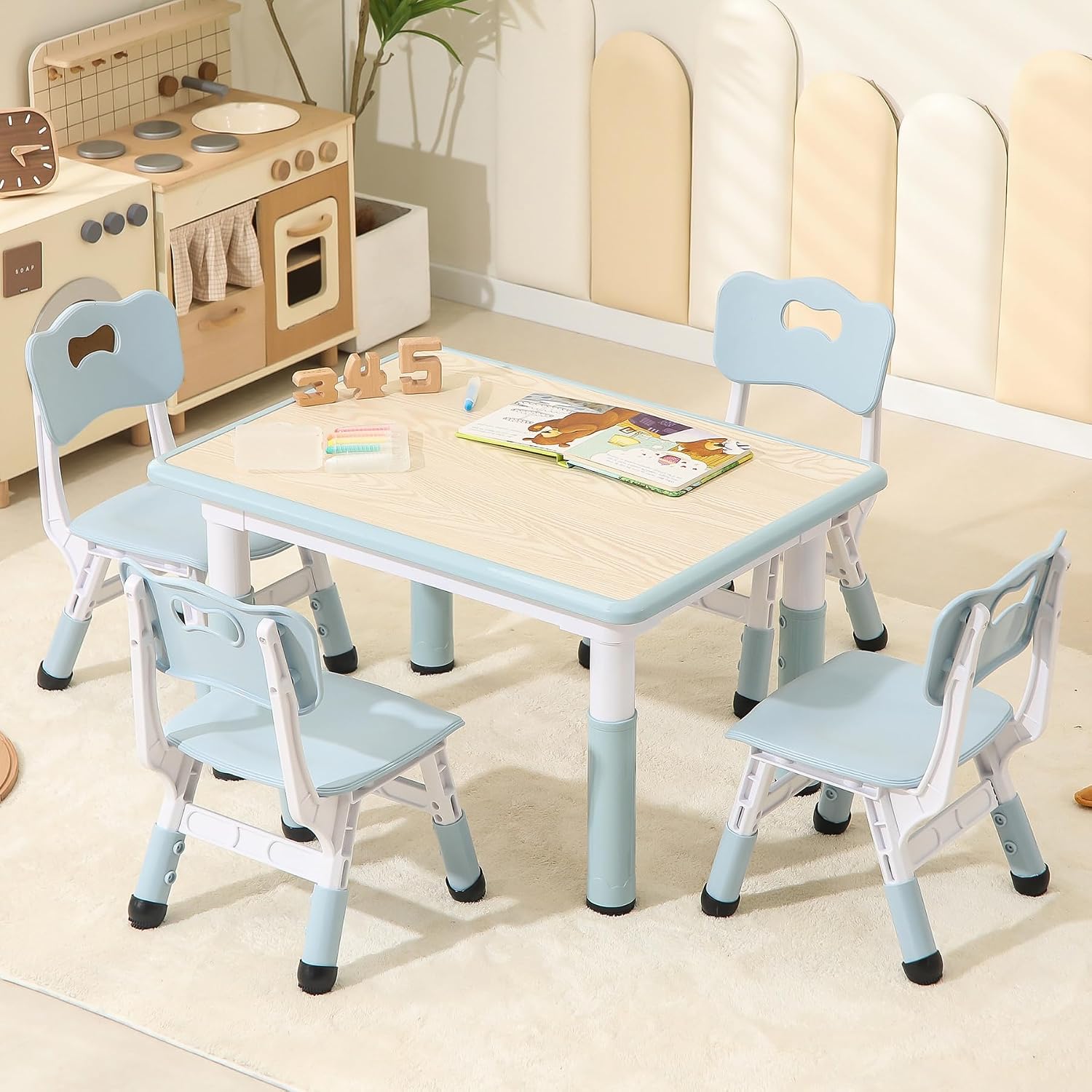 Hulaibit Toddler Table and Chairs, Kids Table and 4 Chairs Set with Graffiti Desktop, Height-Adjustable Kids Study Table for Boys and Girls Aged 3-8, Max 300lbs