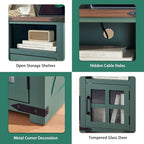 Farmhouse Nightstand with Charging Station, Rustic End Table with Tempered Glass Barn Door, Wood Sofa Side Bedside Table with Open Storage Shelf for Living Room, Bedroom, Green, 2 Pack