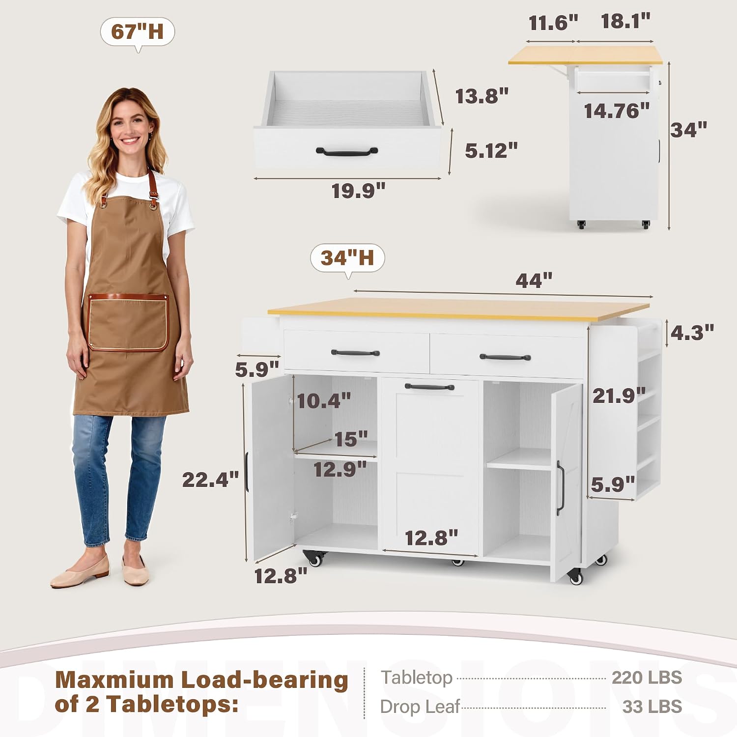 YESHOMY Kitchen Island on Wheels with Trash Cabinet, 56" Mobile Cart with Drop Leaf and Drawers, Rolling Portable Table with Spice Rack & Towel Holder for Dining Room, White & Brown