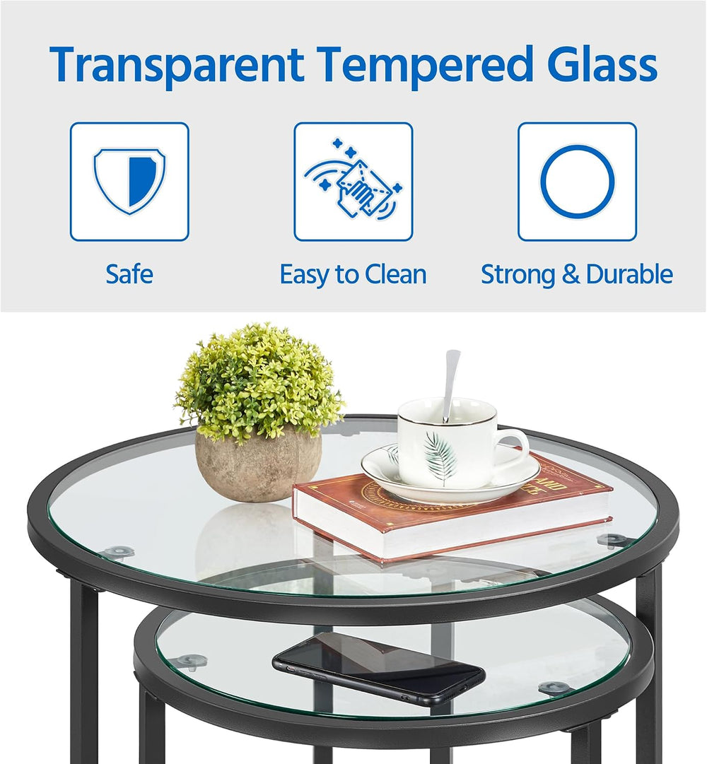 Yaheetech Round Nesting Side Tables Set of 2 with Tempered Glass Top, Black |...