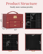 TORIBIO Jewelry Box for Women, Leather Jewelry Organizer with Mirror & Lock, 3-Tier Jewelry Storage Organizer with 2 Drawers for Girls/Women/Mothers, Necklace Earring Bracelets Holder Organizer