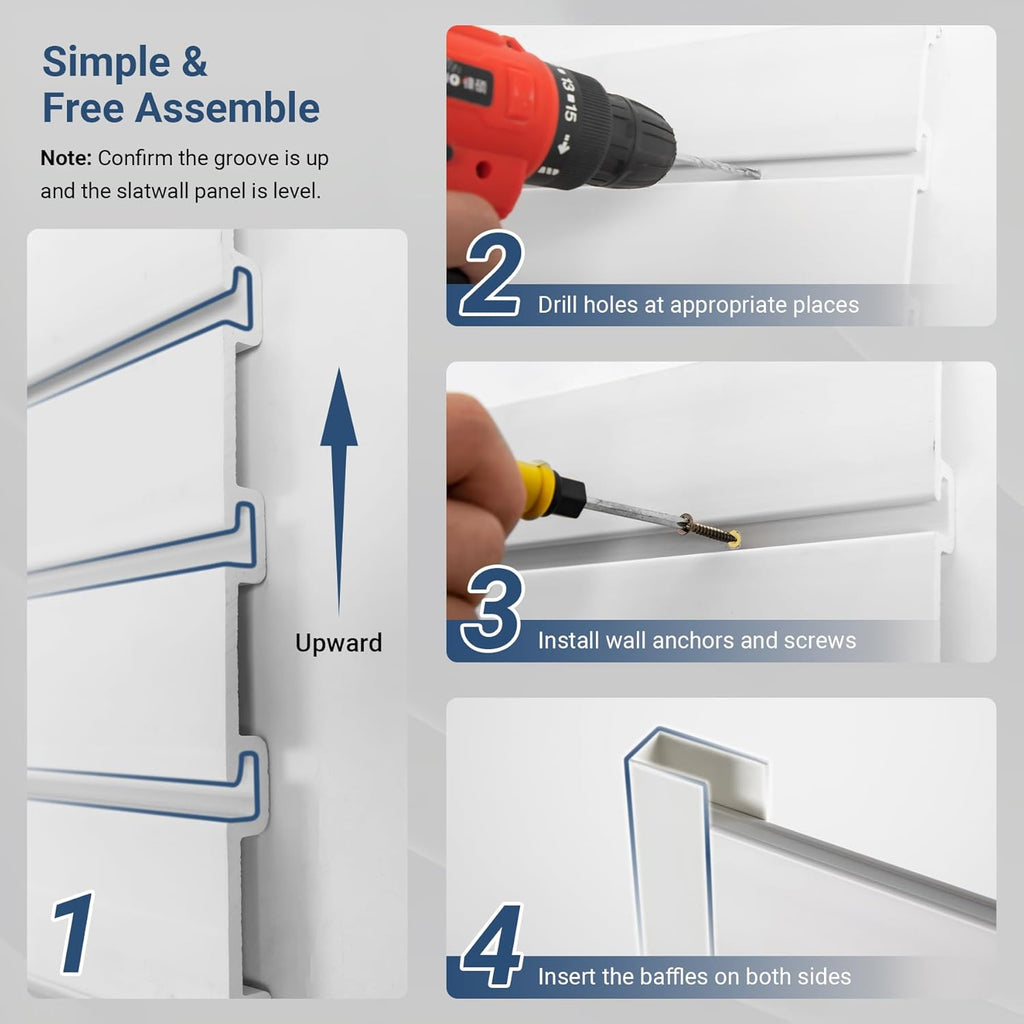 4FT x 2FT Modern White PVC Slatwall Panel, Wall Mounted, 1 Shelf, Garage Storage, 75 lbs Weight Capacity