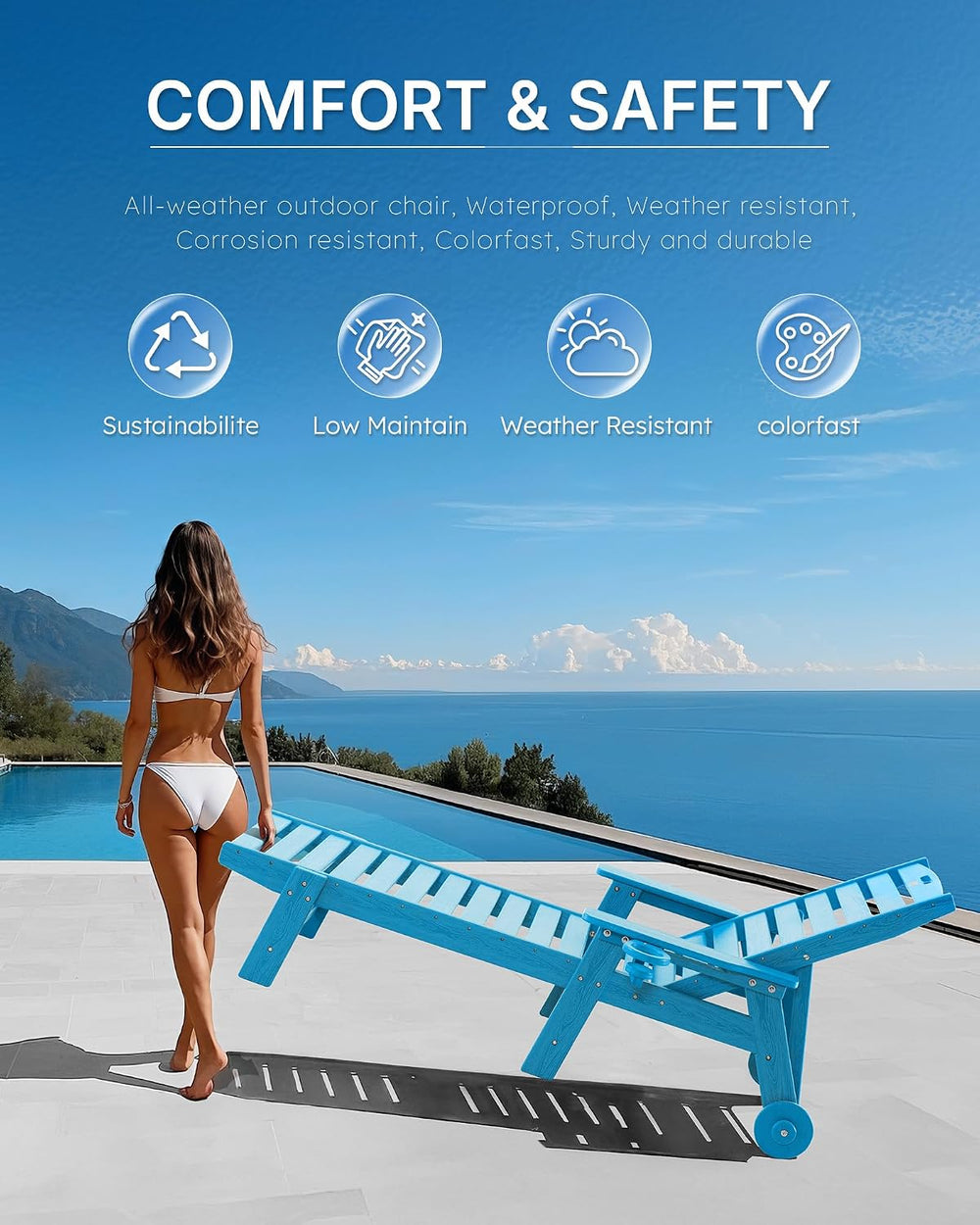 Patio Chaise Lounge Chair Outdoor with Wheels, Oversize Patio Lounge Chairs w...
