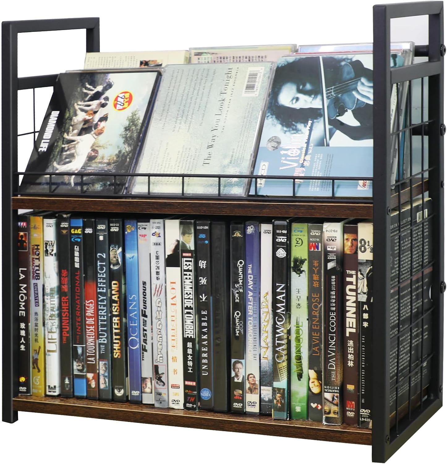 2-Tier DVD Storage Rack & CD Display Shelf, Holds 56 DVD Cases, Stackable Metal Media Organizer Tower for Blu Ray, Video Games, VHS Tapes
