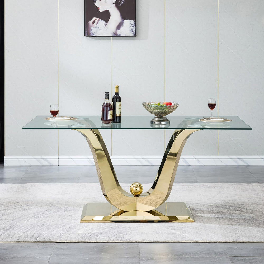 70" Modern Glass Dining Table for 6-8, Luxury Gold Glass Dining Room Tab...