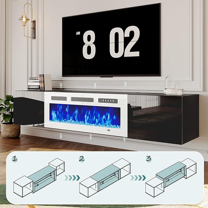 MXV 70'' Floating TV Stand, Modern Media Entertainment Center with 36" Electric Fireplace, TV Console Cabinet Wall Mounted, Adjustable 12-Color LED Lights, for Living Room, Black + White