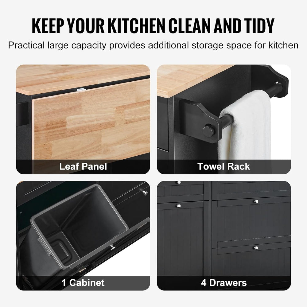 VEVOR Kitchen Island Cart, 50" Wood Top Breakfast Bar with Trash Cabinet...