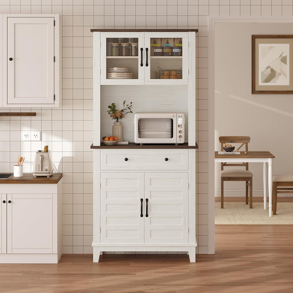Multi-Functional Hutch – Elegant 72" White Pantry Coffee Bar Cabinet for Tall Kitchen Storage with Adjustable Shelves, Glass Doors & Drawer – Ideal for Dining Room and Kitchen, White