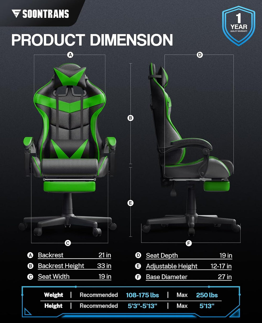 Soontrans Green Gaming Chair with Footrest,Racing Gaming Chair,Computer Gamer...