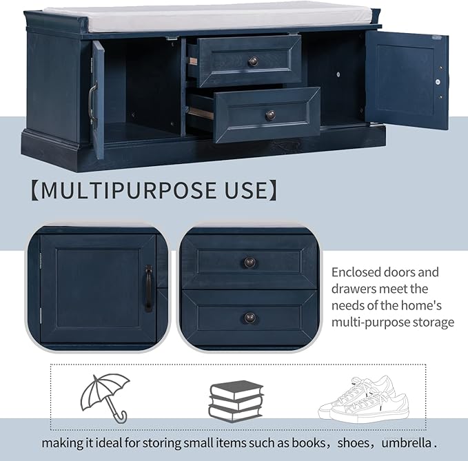 42″ Storage Bench with 2 Drawers and 2 Cabinets，Multipurpose Entryway Shoe Rack W/Removable Cushion，for Living Room Hallway Porch,Antique Navy