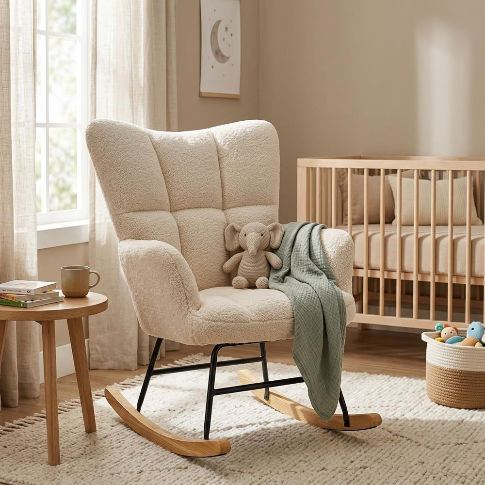 Teddy Upholstered Wingback Rocking Chair, Soft Padded Indoor Reading Glider C...