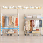 Homdox 3 Tier Garment Rack with Wheels, Portable Closets for Hanging Clothes Heavy Duty, Closet Racks and Shelving with Double Hanger Rods & Side Hooks, White