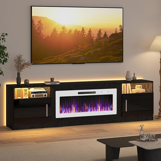Lemberi Fireplace tv Stand with 36 inch White Fireplace Up to 90" TVs, LED Light Entertainment Center and Storage, 80" Modern Wood Media TV Console with Highlight Cabinet for Living Room (Black)